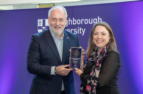 Dr Kathryn North receiving the Vice Chancellor's Award for Collaborative Research and Innovation from Vice Chancellor Prof. Nick Jennings on behalf of C-DICE
